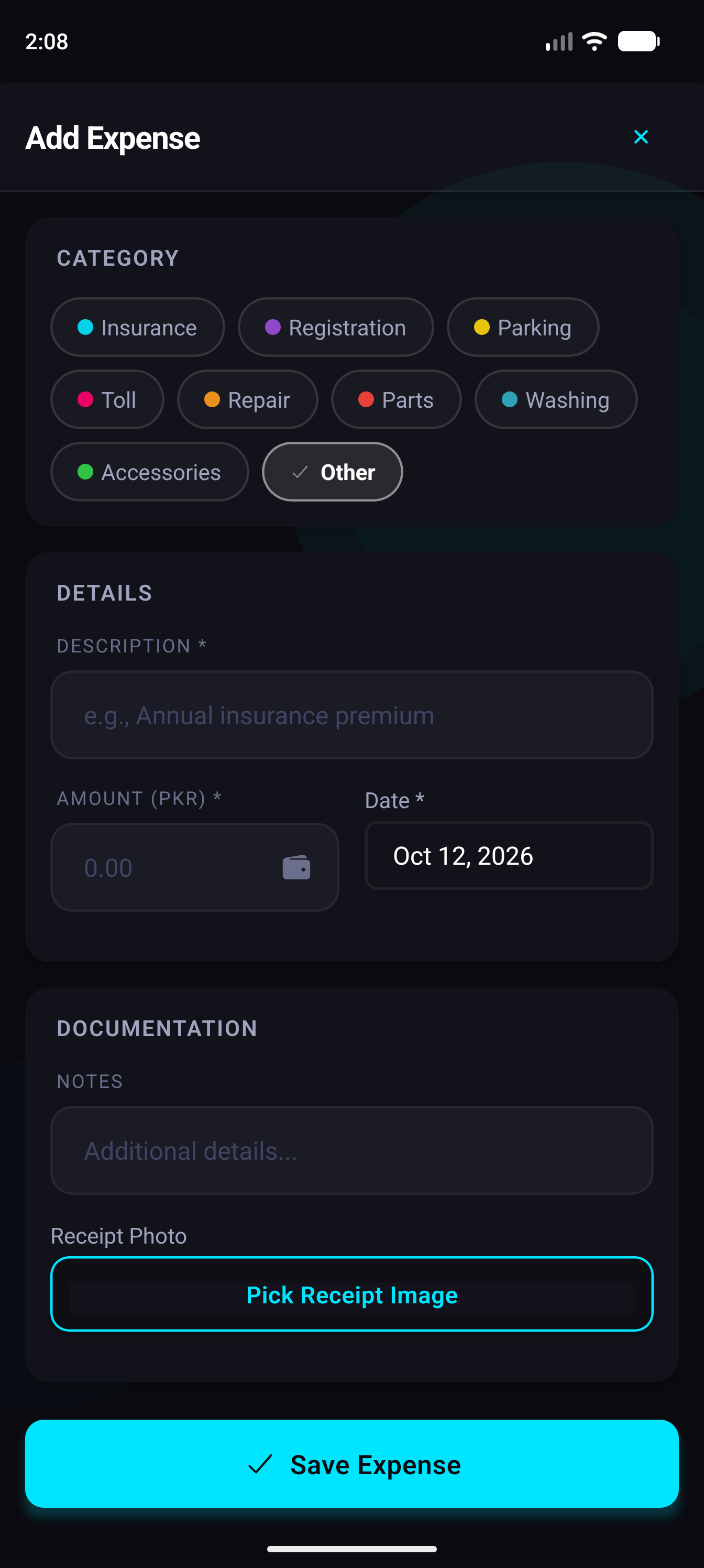 Car Logs real app screenshot — Android: Expense Categories