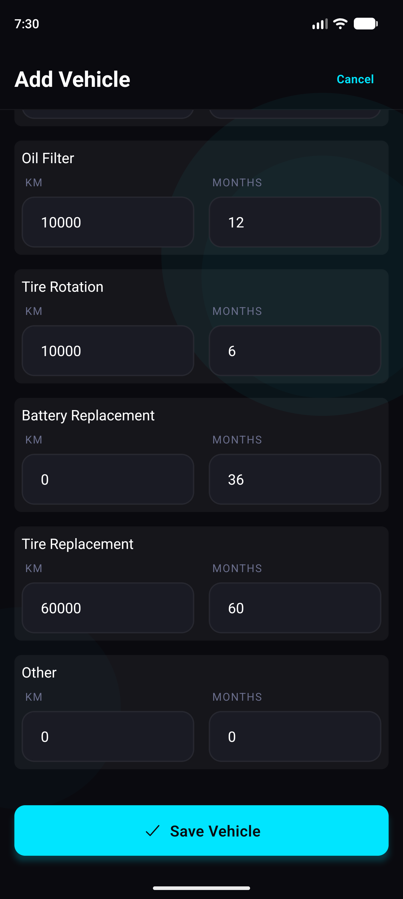 Car Logs real app screenshot — Android: Add Vehicle