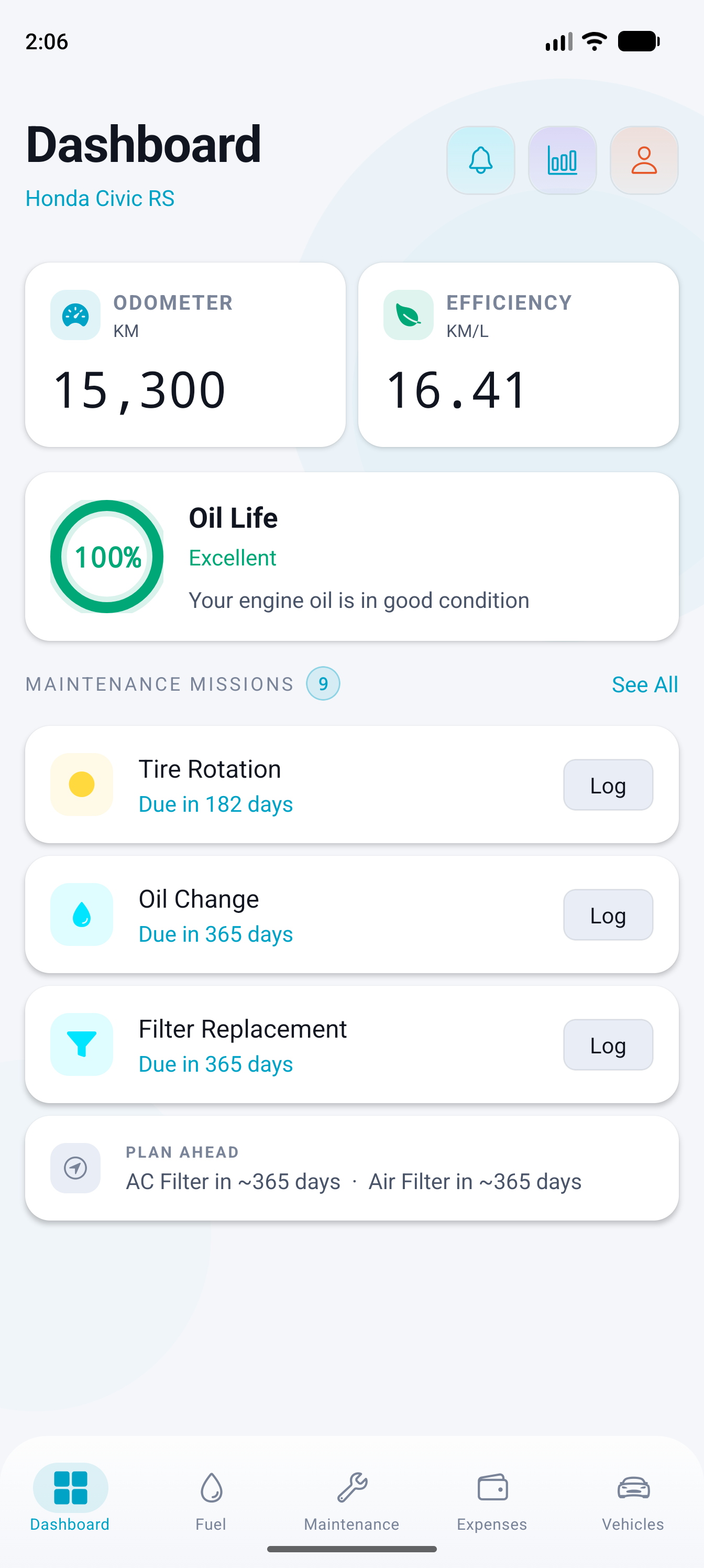 Car Logs real app screenshot — Android: Dashboard (Light Theme)