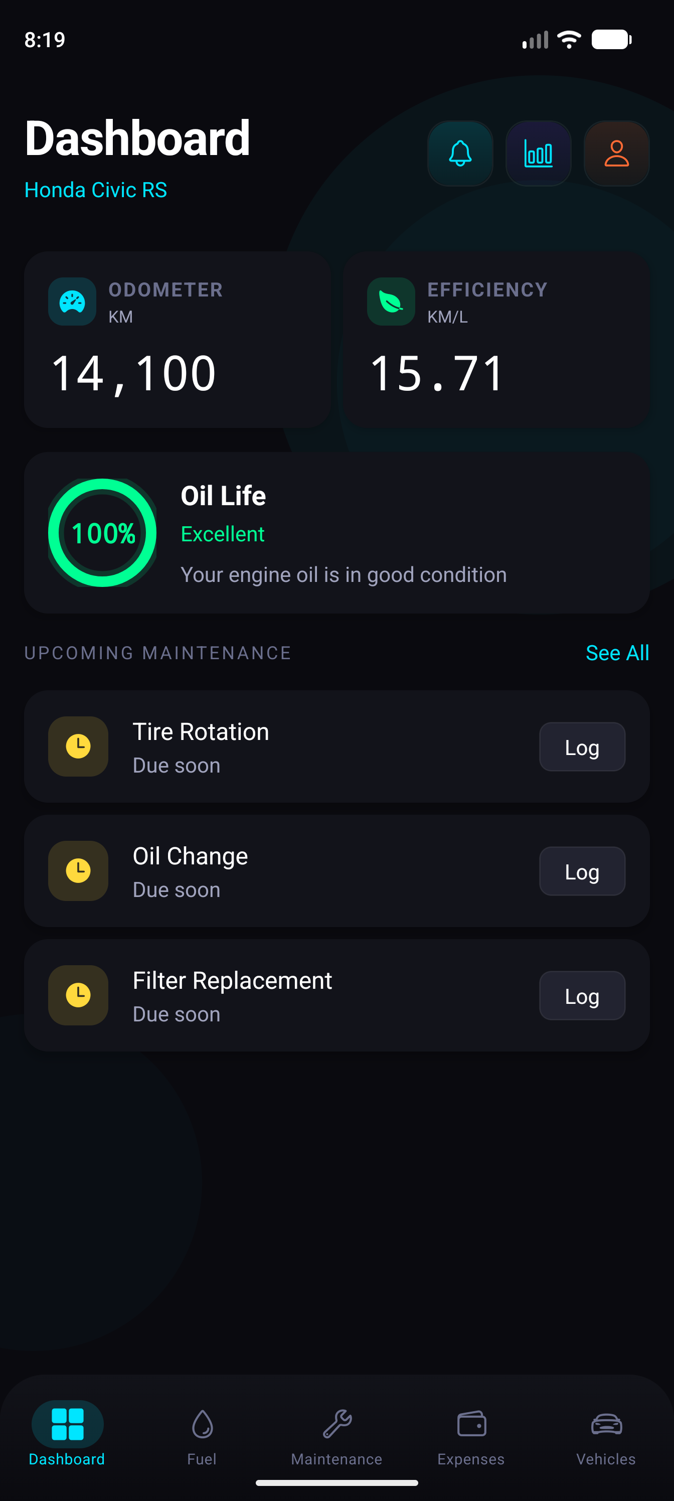 Car Logs real app screenshot — Android: Dashboard