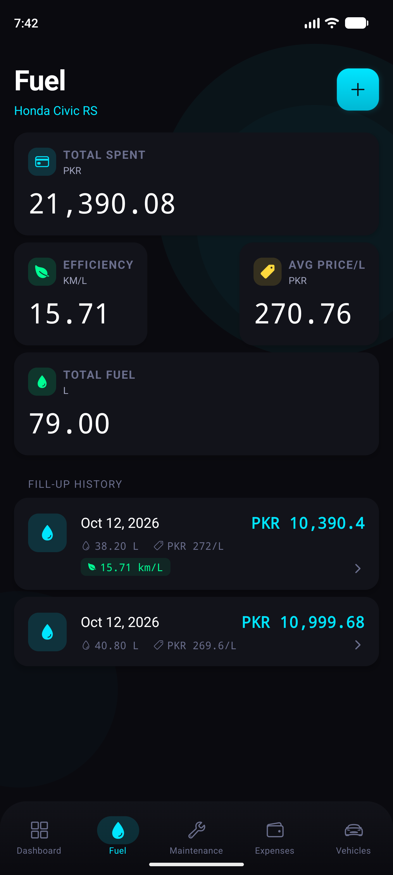 Car Logs real app screenshot — Android: Fuel Log