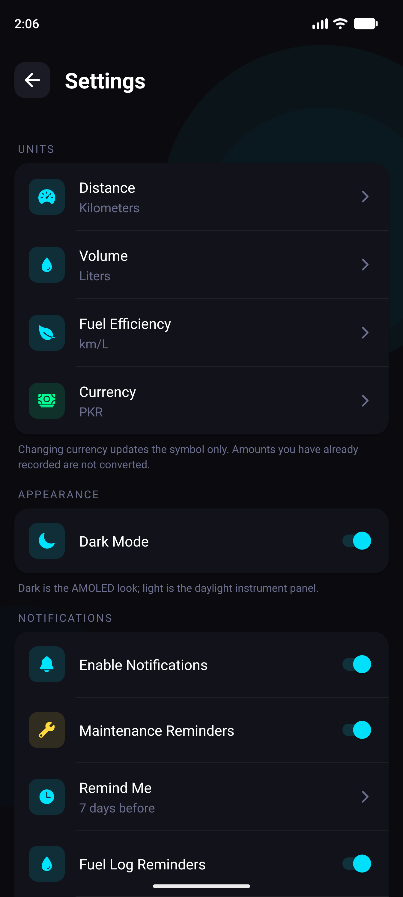 Car Logs real app screenshot — Android: Settings