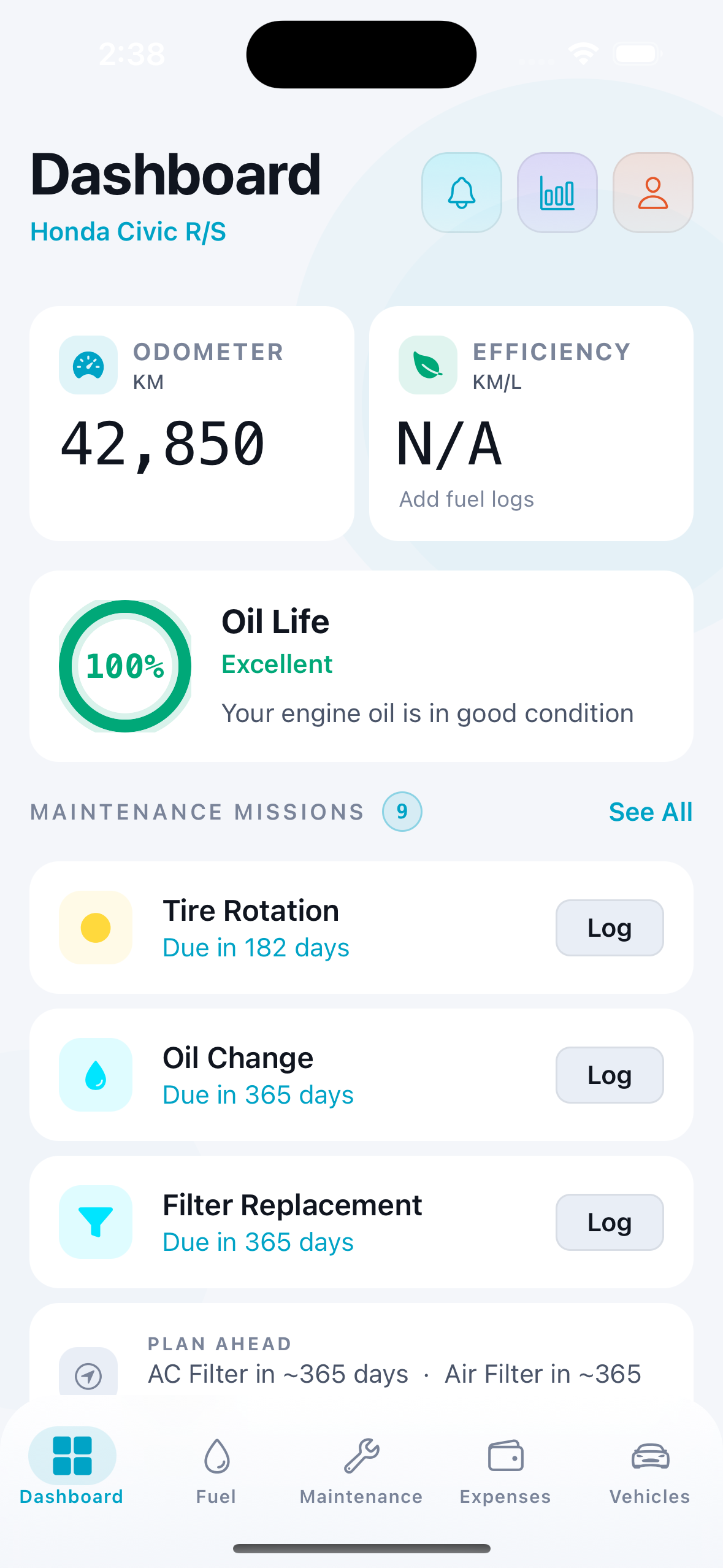 Car Logs real app screenshot — iOS: Dashboard (Light Theme)