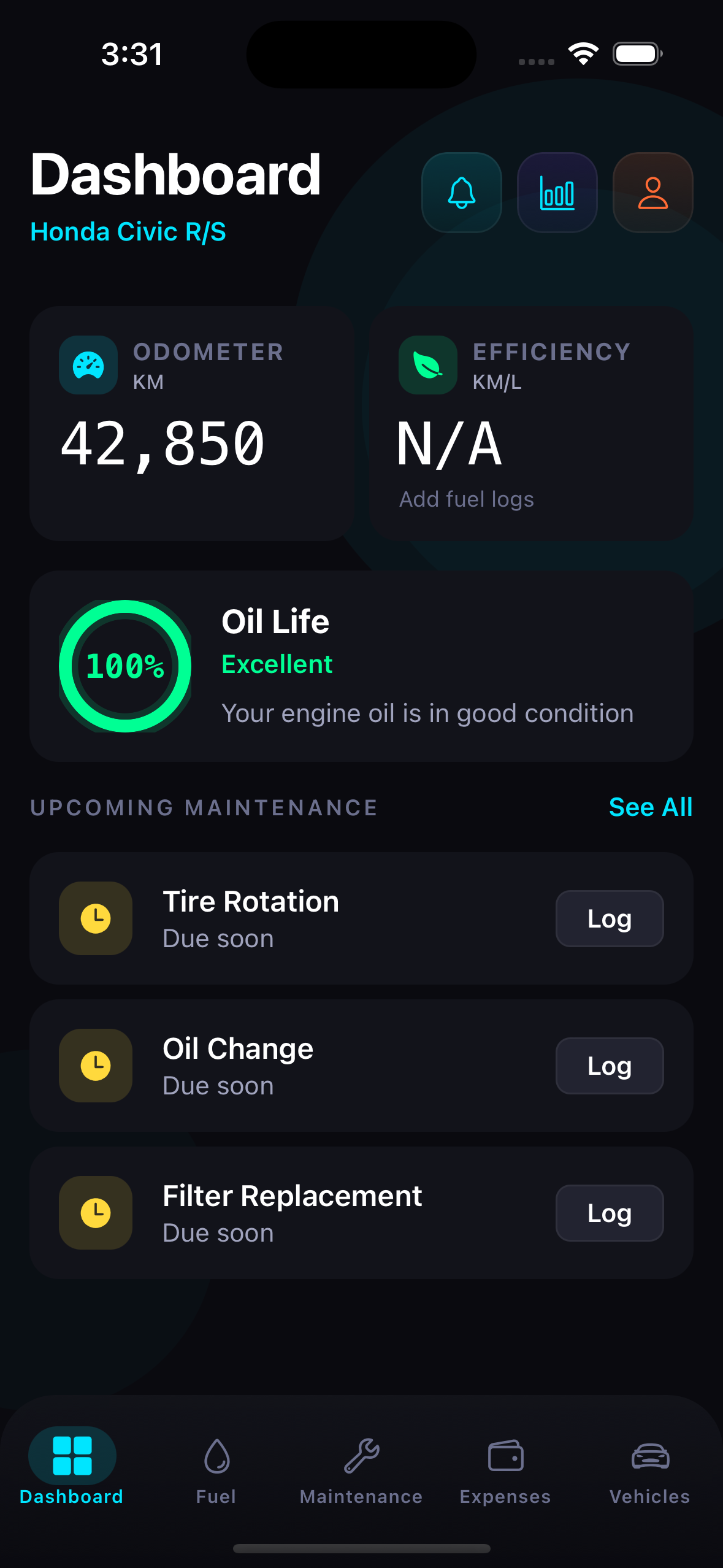 Car Logs real app screenshot — iOS: Dashboard