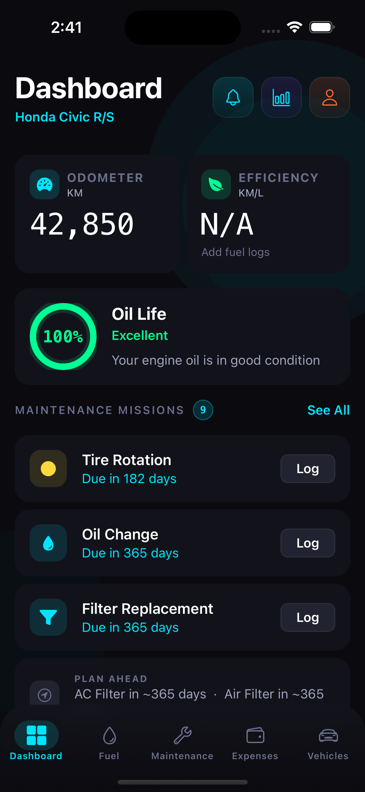 Car Logs real app screenshot — iOS: Maintenance Missions