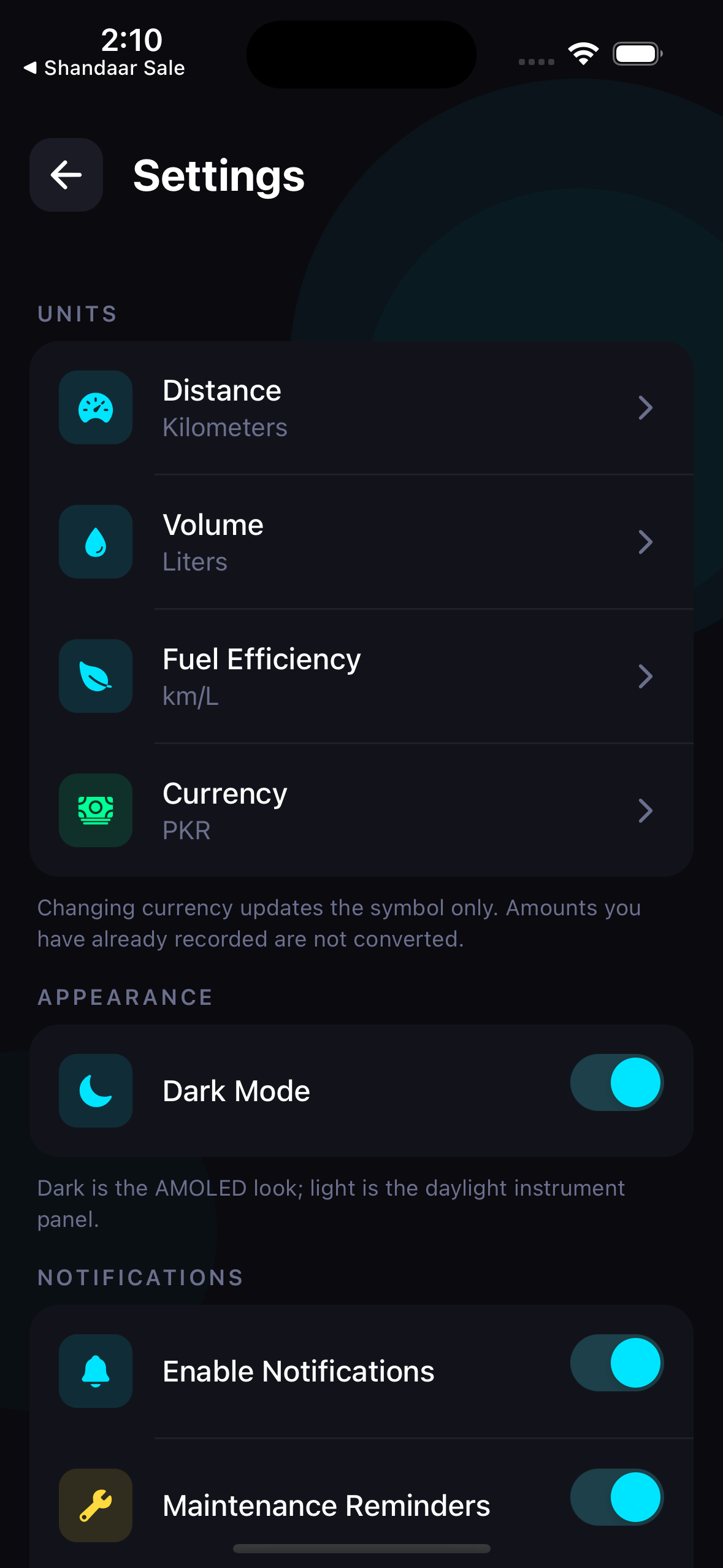 Car Logs real app screenshot — iOS: Settings